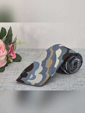 Vintage Wemlon By Wembley Men's Neck Tie Blue Black Beige Patterned Wavy